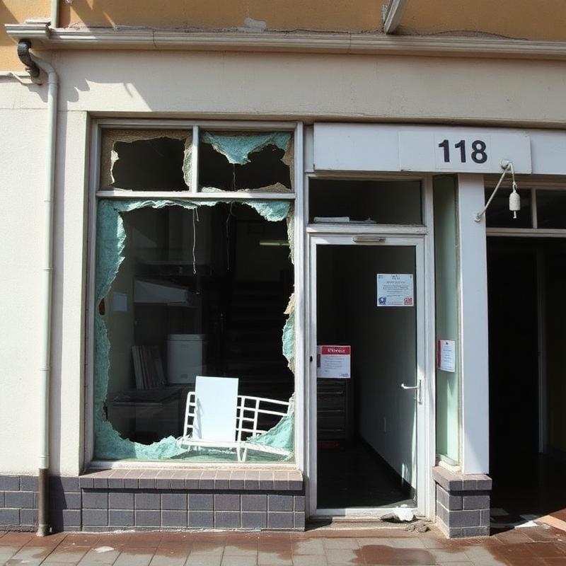 Damaged commercial storefront with broken glass windows and a disrupted interior