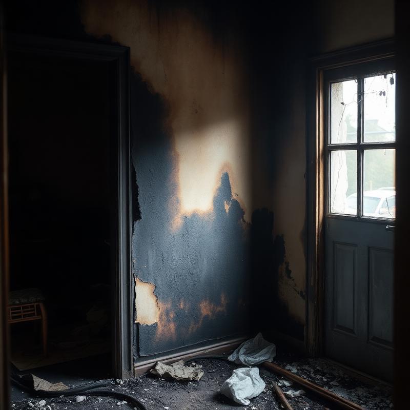 Interior room with charred walls and soot residue after a house fire