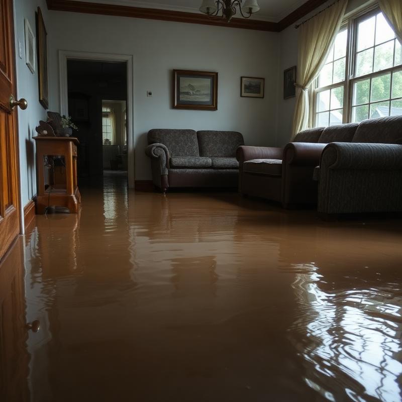 Ground floor of a home with standing muddy floodwater covering the flooring and furniture
