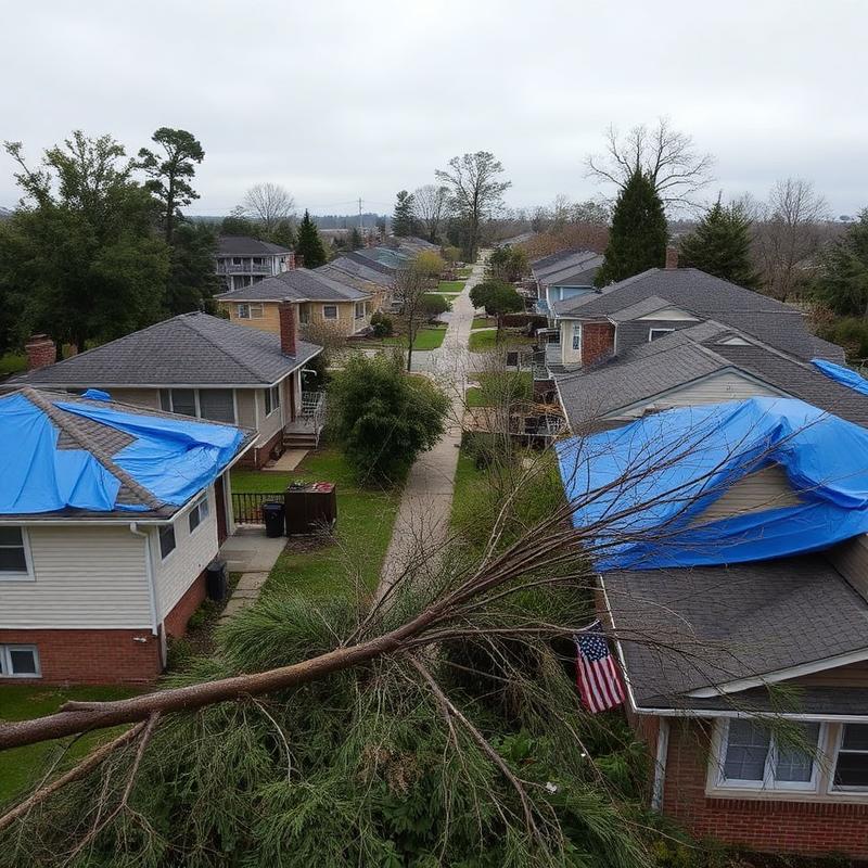 Residential street with storm-damaged roofs covered by blue tarps and a fallen tree limb