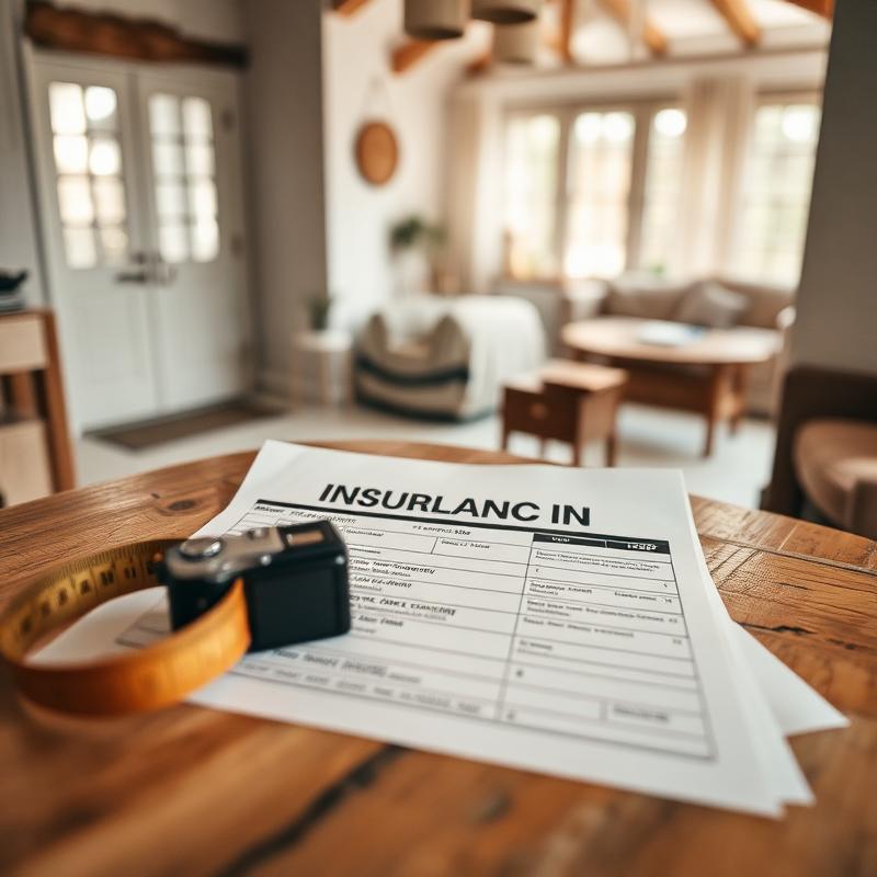 Insurance claim paperwork, a tape measure, and a camera on a table inside a damaged property