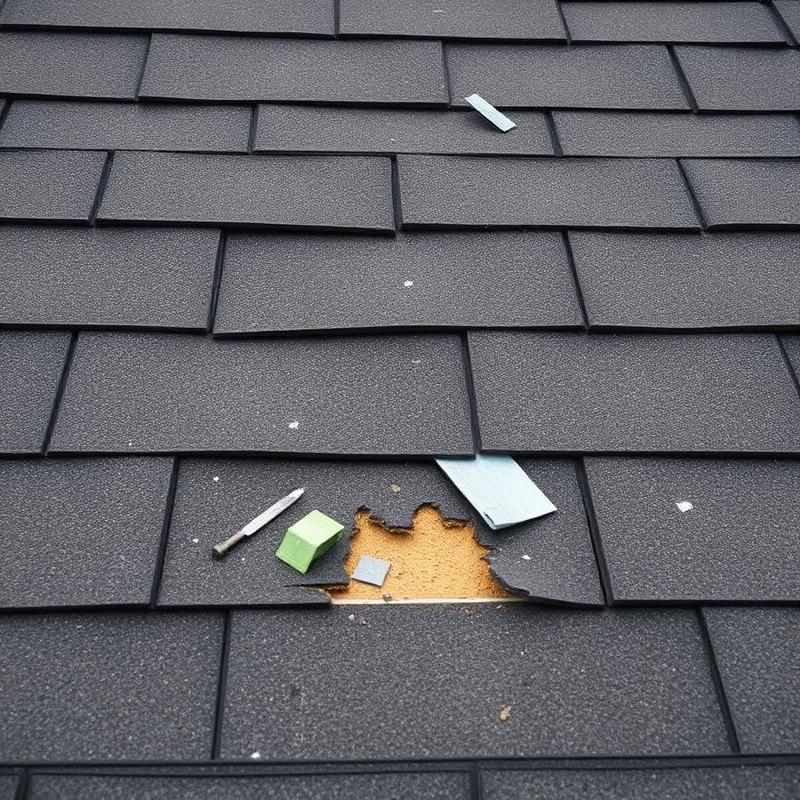Close view of an asphalt shingle roof with missing shingles and impact damage