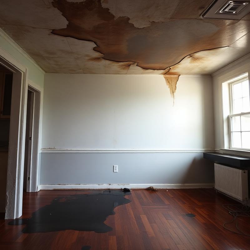 Interior room with a water-stained ceiling and standing water on hardwood flooring