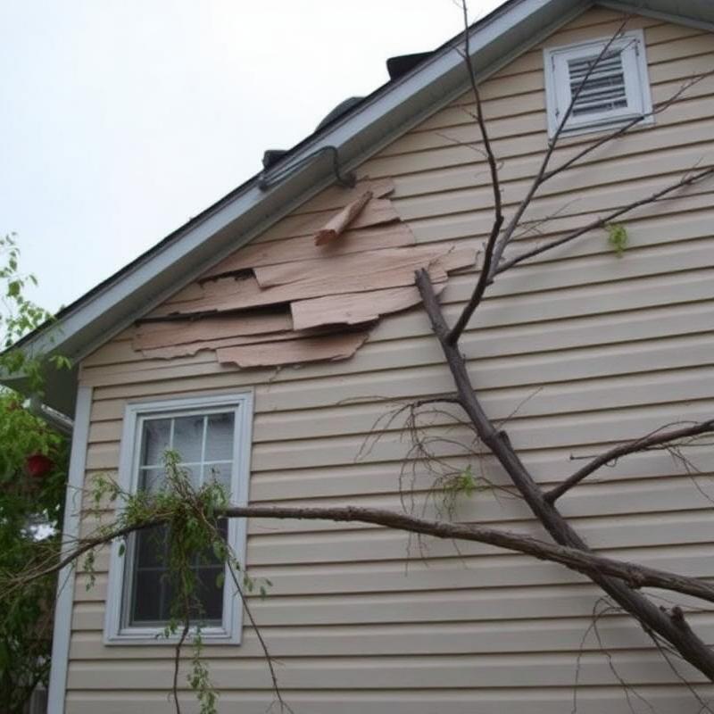 Home exterior with torn siding and a fallen tree branch resting against the wall